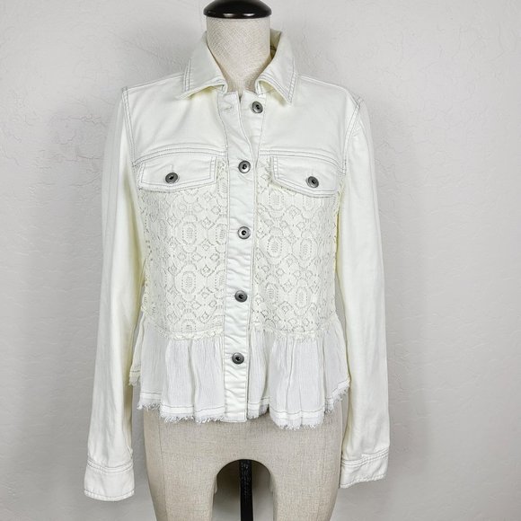 Free People Button-Front Lace Denim Jacket